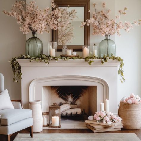 29 Gorgeous Spring Mantel Decorations To Welcome the Season Tv Mantel Decor, Spring Mantle Ideas, Spring Decor Mantle, Spring Mantle Decorating Ideas, Spring Fireplace Mantle Decor, Easter Living Room Decor, Cottage Mantle, Mantles Decor, Spring Fireplace