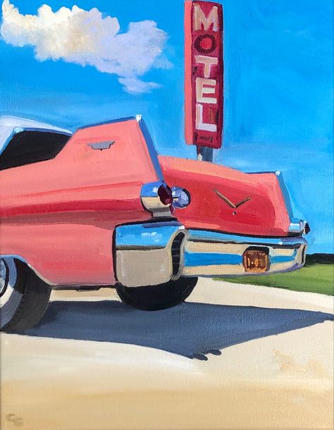 50s Painting Vintage, 50s Painting Ideas, Aesthetic Car Painting, Retro Car Painting, Retro Cars Drawing, Car Drawing Watercolor, Vintage Car Painting Canvas, Car Painting Watercolor, Retro Things To Paint