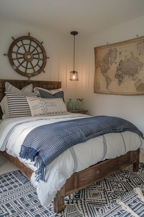 29 Boho Coastal Bedroom Ideas for a Breezy, Beachy Haven 8 Nautical Guest Room, Sailing Bedroom, Nautical Bedroom Master, Lake Bedroom Ideas, Lake House Bedroom Ideas, Seaside Bedroom, Boho Coastal Bedroom, Styling Bedroom, Beach Cottage Bedroom