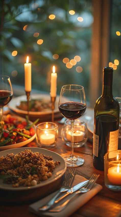 Candlelit Dinner Setting: An intimate dinner scene featuring glowing candles, wine, and a nutritious meal in a cozy ambiance. #dinner #candles #wine #romance #evening #table #food #glass #aiart #aiphoto #stockcake https://ayr.app/l/6d6m