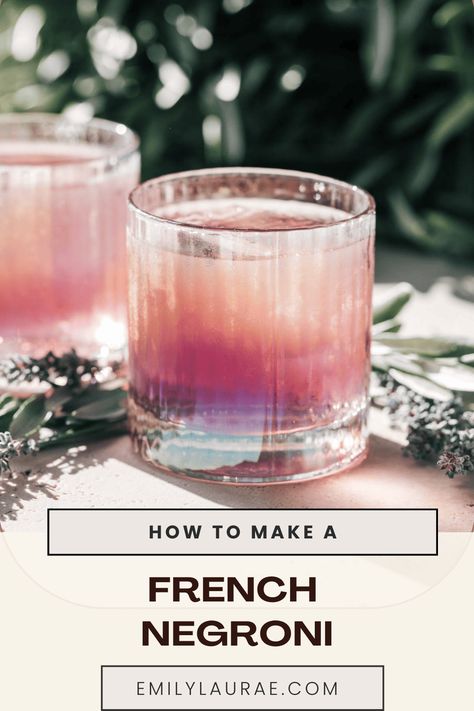 Delight your senses with a floral and berry-forward French Negroni. Made with only 4 ingredients, this refreshingly bitter and complex cocktail makes you feel like you're enjoying each sip while gazing on the French Riviera with a baguette and cheese board nearby. Luxury Drinks Cocktails, French 77 Cocktail Recipe, Unique Fall Cocktails, Saint Germain Cocktail, French Cocktails Recipes, Fun Martini Recipes, Frangelico Cocktail, Clear Cocktails, Cocktails With Gin