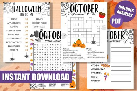 October Offline Worksheet Games | Halloween This or That | October Crossword Puzzle | October Word Search | October Word Scramble | Games for Kids | Printable Game Three fun word searches for kids to play over the fall season! It's a great autumn holiday game to play at school or home. Answer key included. Word Searches For Kids, Scramble Game, Fall Activity, Fall Games, Offline Games, Holiday Games, Game Printable, Family Activity, Printable Games