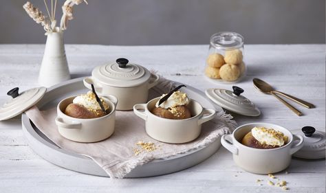 Poached Peaches with Almond Cream and Amaretti Biscuit Crumb Mini Cocotte Dessert, Cocotte Recipes, Le Creuset Mini Cocotte, Poached Peaches, Flat Peaches, Creuset Recipes, Amaretti Biscuits, Childrens Baking, Mini Casseroles