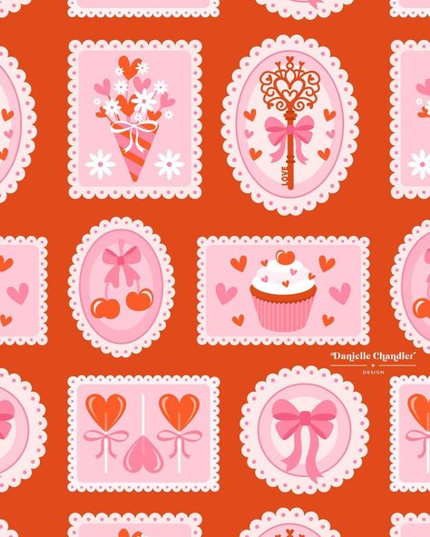 Sent with love 💌 Made a pattern out of these Valentine’s Day stamps I created from some of the art I’ve made so far this month. Having so … | Instagram Random Holidays, Valentine Drawing, Valentine's Day Illustration, Cake Branding, Love Scrapbook, Surface Patterns, Valentines Patterns, Valentines Wallpaper, Valentine Print