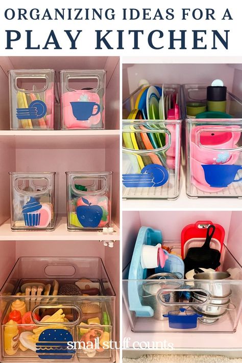 Play Kitchen Area Ideas, Toddler Play Kitchen Organization, Kids Play Kitchen Storage, Pretend Play Kitchen Diy, Play Kitchen Organization Ideas, Play Kitchen Food Organization, Toy Kitchen Set Up, Play Kitchen Food Storage Ideas, Organizing Play Kitchen