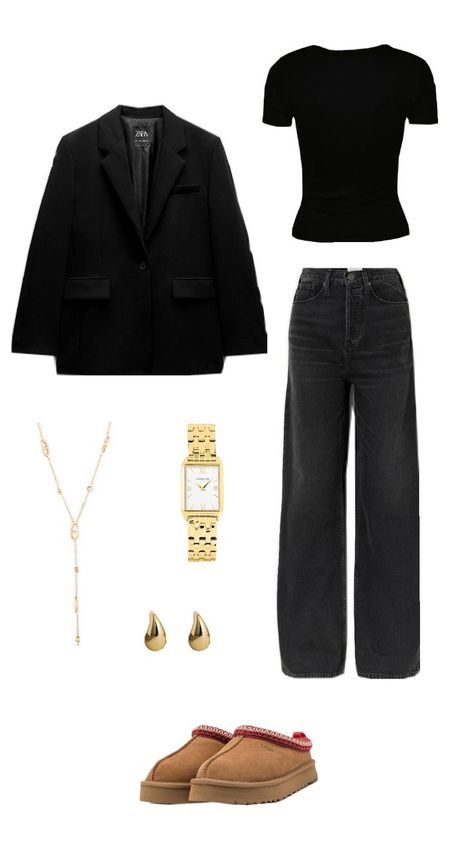 veste Zara, top noir, jean noir, UGG, bijoux or Ootd Blazer Noir, Outfit Avec Blazer Noir, Pantalon Noir Outfit, Black Jeans Jacket Outfit, Outfit Jean Noir, Outfit Pantalon Noir, Black Jean Jacket Outfit, Outfit Noir, Outfit Black Jeans