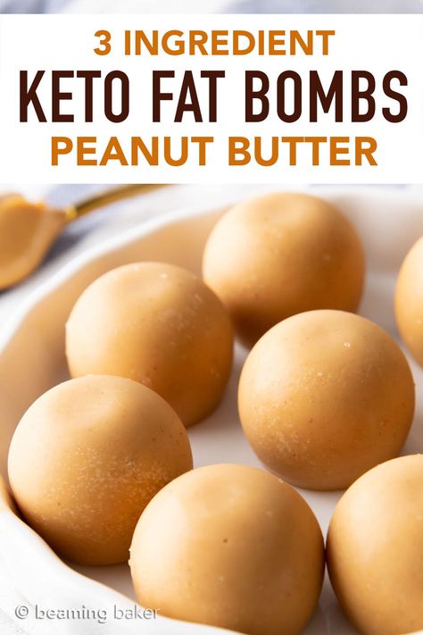 Keto Peanut Butter Fat Bombs Recipe: this 3 ingredient keto fat bombs recipe yields creamy & nutty fat bombs packed with peanut butter flavor! Easy to make, Vegan, Dairy-Free. #Keto #FatBombs #PeanutButter #LowCarb | Recipe at BeamingBaker.com Butter Recipes Homemade, Desayuno Keto, Desserts Keto, Postre Keto, Low Carb Peanut Butter, Fat Bomb, Resep Diet, Low Carb Diets, Diet Breakfast Recipes