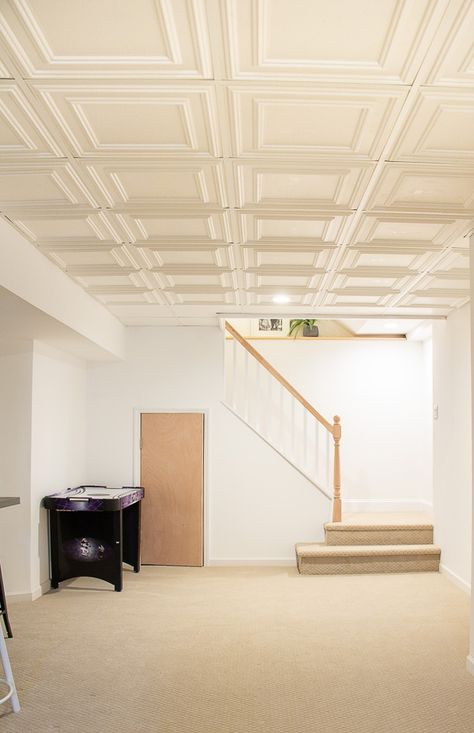 Cool Drop Ceiling Ideas, Ceiling Tiles Ideas, Drop Ceiling Makeover, Drop Ceiling Basement, Drop Ceiling Panels, Ceiling Tiles Basement, Spa Office, Ceiling Basement, Basement Fireplace