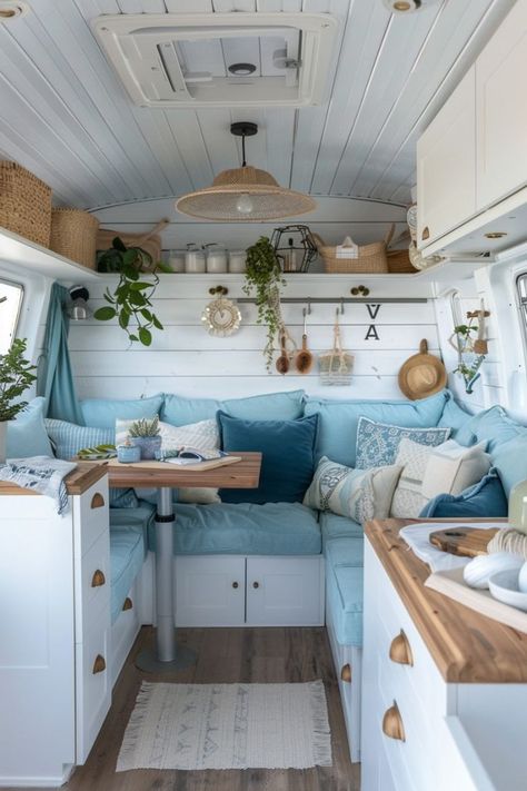 Blue And White Caravan Interior, Colourful Campervan Interior, Schoolies Aesthetic, Cosy Campervan, Campervan Makeover, Campervan Aesthetic, Caravan Interior Makeover, Vintage Trailer Remodel, Van Interiors