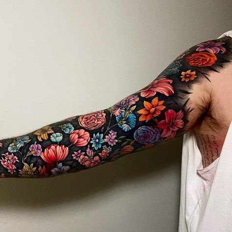 Color Over Black Tattoo Cover Up, Black Background Tattoo, Arm Cover Up Tattoos, Colorful Sleeve Tattoos, Growing A Garden, Background Tattoo, Tattoo Floral, Peony Tattoo, Blackout Tattoo