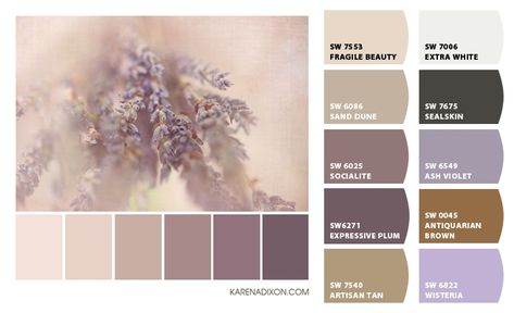 Mink Colour Palette, Romantic Bedroom Paint Colors, Lilac Office, Lavender Color Palette, Color Palate, Natural Home Decor, Trik Fotografi, Color Theme, Colour Board