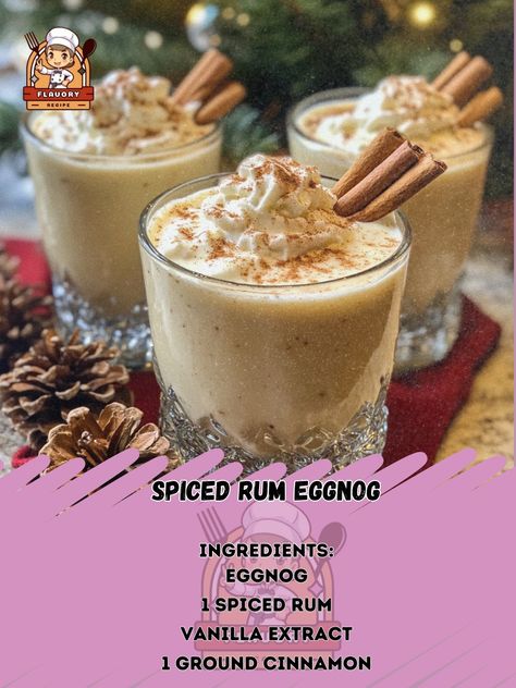 🎄✨ Cozy up with a glass of Spiced Rum Eggnog – a festive twist on a classic holiday drink! #Cheers #EggnogLove 🍹 Spiced Rum Eggnog Ingredients: - 4 cups eggnog - 1/2 cup spiced rum - 1 tsp vanilla extract - 1/2 tsp ground cinnamon - 1/4 tsp ground nutmeg - Whipped cream and cinnamon sticks for garnish Instructions: 1. In a saucepan, heat eggnog, rum, vanilla, cinnamon, and nutmeg over medium heat. 2. Stir frequently until heated through, but do not boil. 3. Pour into mugs and top with whip... Eggnog With Rum, Eggnog Coffee, Eggnog Cupcakes, Eggnog Drinks, Holiday Drink, Rum Drinks, Daily Recipes, Drinks Alcohol, Spiced Rum