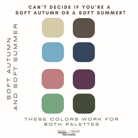 Can’t decide if you’re a Soft Autumn or Soft Summer? 🍂☀️ Here are some shared colors that work for both-so you can’t go wrong! #coloranalysis #colorconsultation #seasonalcolor #coloranalyst #seasonalcoloranalysis #colorconsultant #softsummer #coolsummer #truesummer #truewinter #coolwinter #lightsummer #brightwinter #deepwinter #deepautumn #trueautumn #warmautumn #softautumn#truespring #warmspring #brightspring #lightspring #beauty #softautumnpalette #softsummerpalette Soft Autumn Palette, Soft Autumn Color Palette, Soft Summer Palette, Autumn Color Palette, Soft Summer Color Palette, Soft Summer Colors, Colour Consultant, True Winter, Summer Color Palette