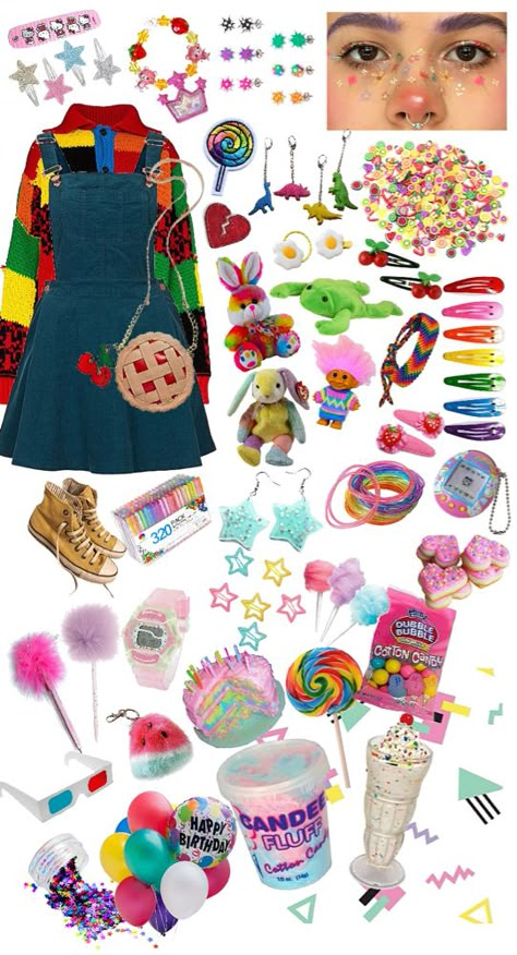 90s Kidcore Outfit, 80s Core Outfits, Dream Core Clothes, Dreamcore Accessories, Kidcore Outfits Aesthetic, Weirdcore Outfit Ideas, Dream Core Outfits, Rainbow Core Outfit, Rainbow Aesthetic Outfit