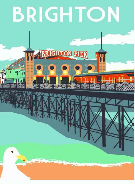 Pier Illustration, Modern Art Style, Brighton Pier, Wanderlust Decor, Posters Uk, Modern Art Styles, Seaside Art, British Seaside, Railway Posters