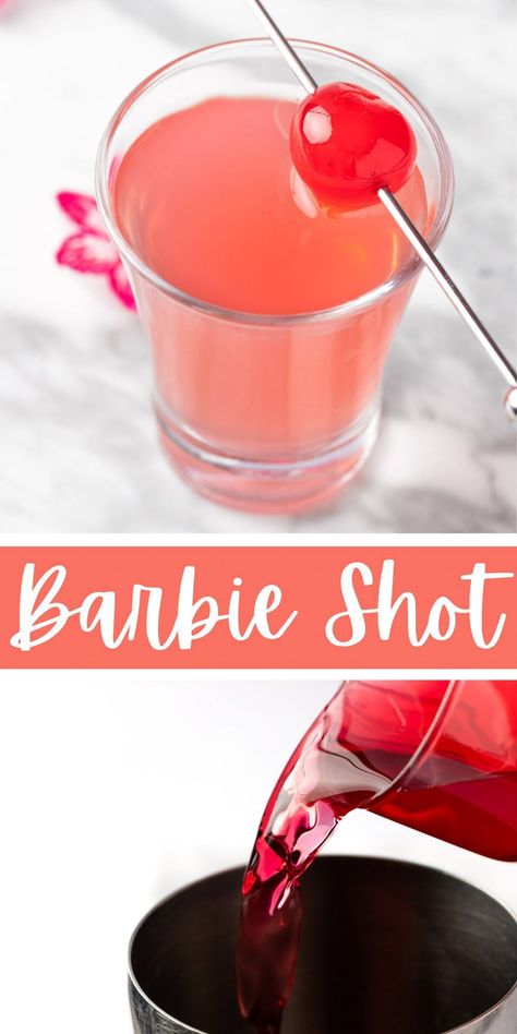 This Barbie Shot is a fun, easy to make pink shot recipe that is great for a Barbie-themed party. All you need are 4 simple ingredients and less than 5 minutes to whip up a batch. Fun Vodka Shots, Shot Themed Party, Simple Cute Cocktails, Girly Jello Shots, Fruity Shots Alcohol Recipes, Pink Shots Recipe, Creative Jello Shots Ideas, Bacardi Shots Recipes, Pink Tequila Shots