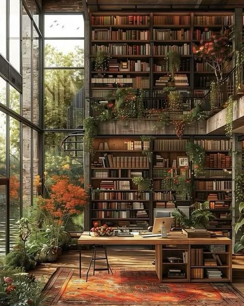 Botanical Library Aesthetic, Eco Library, Greenhouse Library Aesthetic, Herbal Branding, Fantasy Forest Library Aesthetic, Bookstore With Plants, Old Huge Library Aesthetic, Dream Home Library, Unique Library