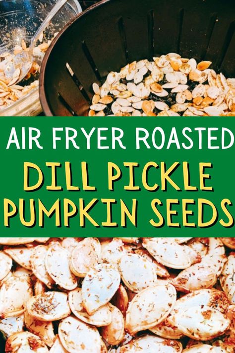 How to make pumpkin seeds in fryer. Dill pickle seasoning recipe for easy roasted pumpkin seeds. Great for Halloween pumpkins or fall activities for kids! #pumpkinseeds #airfryer #Halloweenrecipes #fallrecipes #picklerecipes Dill Pickle Seasoning Recipe, Air Fried Pumpkin Seeds, Pumpkin Seed Recipes Salted, Dill Pickle Seasoning, Olympic Party Food, Flavored Pumpkin Seeds, Pumpkin Seed Recipes Roasted, Fried Pumpkin, Pumpkin Seeds Baked