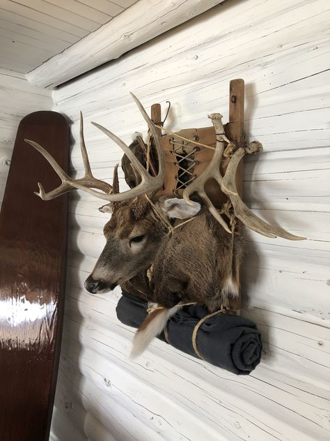 Vintage Trapper Nelson pack, canteen, wool blanket, wood handle buck knife, sheds Skull Mount Ideas, Deer Mount Decor, Draw Wolf, Deer Mount Ideas, Hunting Man Cave, Deer Hunting Decor, Deer Skull Mount, Deer Head Decor, Deer Heads Mount