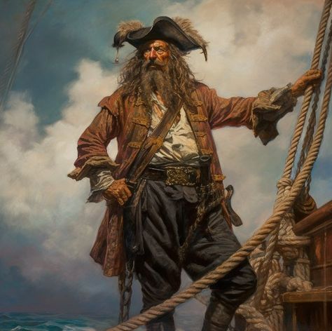 One famous pirate from history is Blackbeard, whose real name was Edward Teach. He was a notorious English pirate who operated in the West Indies and along the eastern coast of the American colonies during the early 18th century. Blackbeard is known for his fearsome appearance, with a long black beard and a habit of wearing burning fuses in his hair during battle to intimidate his enemies. Blackbeard The Pirate, Pirate Oil Painting, Real Pirates Pictures, Mtg Pirate, 18th Century Pirate, Pirates Artwork, Dnd Pirate Art, Pirate Painting, Real Pirates