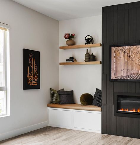 Julia Newman Pedraza | By building out a fireplace, bench seating (with storage) and floating shelves we added dimensional interest, additional seating and... | Instagram Fireplace Bench Seating, Bench Seating With Storage, Gray Herringbone Tile, Fireplace Bench, White Painted Fireplace, Seating With Storage, Best Fireplace, Grey Fireplace, Floating Fireplace