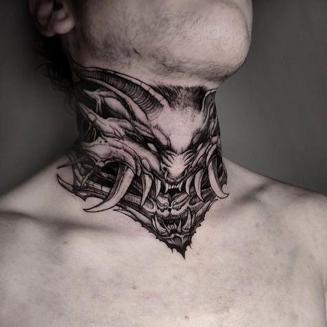 35 of the most glorious neck tattoos! - Body Artifact Kneck Tattoos, Neck And Throat Tattoos Men, Neck Tattoos For Men, Front Neck Tattoo, Full Neck Tattoos, Be Brave Tattoo, Small Neck Tattoos, Hannya Mask Tattoo, Full Tattoo