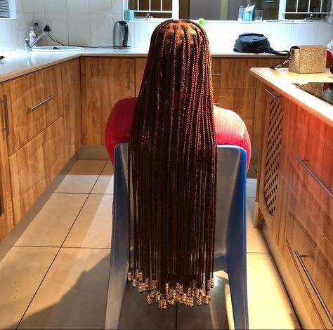 Peekaboo Knotless Braids Orange, Braids With Beads Long Hair, Coloured Knotless Braids With Beads, Light Brown Knotless Braids With Beads, Small Long Knotless Braids With Beads, Waist Length Knotless Braids With Beads, Colourful Knotless Braids, Knotless With Wooden Beads, Long Ginger Braids With Beads