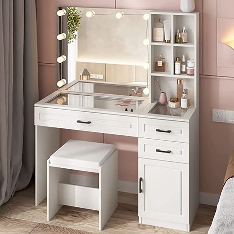 Desk With Mirror And Lights, Glass Top Vanity, White Vanity Desk, White Vanity Table, Vanity Desk With Mirror, Desk With Mirror, Beauty Room Vanity, Mirrored Vanity Desk, Make Up Desk Vanity