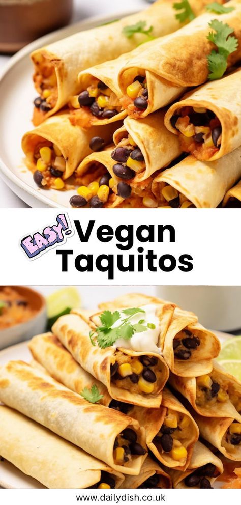 Vegan Taquitos Taquitos Vegetarian, Vegan Taquitos Recipe, Black Bean Taquitos, Vegan Taquitos, Bean Taquitos, Baked Taquitos, Black Beans And Corn, Taquitos Recipe, Beans And Corn