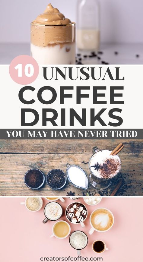 There are so many different coffee drinks and some you may have never tried. If you are looking for some unique coffee drinks to make at home or just curious to see how many you know, why not read our list of 10 unusual specialty coffee drinks! #coffeedrinks Cocktail Coffee Drinks, Interesting Coffee Drinks, Trending Coffee Drinks, Unique Coffee Recipes, Trending Drinks, Signature Coffee Drinks, Spring Coffee Drinks, Fun Coffee Drinks, Coffee Shop Drinks