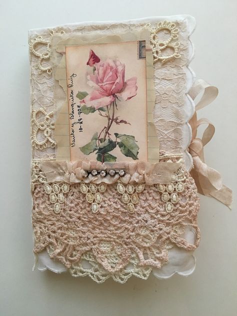 Fabric and lace journal Lace Journals Fabric Books, Scrap Lace Ideas, Lace Journal Covers, Shabby Chic Journal Covers, Crafts With Lace, Vintage Lace Crafts, Lace Junk Journal, Lace Journal, Shabby Chic Junk Journal