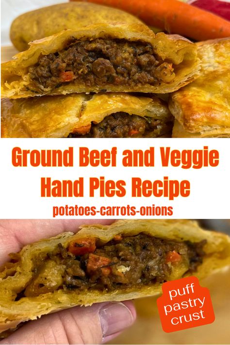 Savory meat hand pies with a meaty filling flavored with herbs and seasoings and packed with vegetables. A hand held comfort food baked in the oven with a crispy pastry shell crust. Hand Pie Recipes Savory, Hand Pies Recipes Savory Vegetarian, Savoury Hand Pie Recipes, Meat Hand Pies, Meat Pies Recipes, Meat Hand Pies Ground Beef, Savory Pies Meat, Savory Hand Pie Dough Recipe, Hand Held Meat Pies