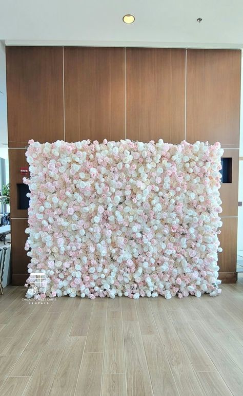 Pink Flower Wall,  Wedding Backdrop Pink And White Flower Wall, Flower Wall With Balloon Garland, Pink Flower Wall Backdrop, Gold And White Graduation Party, White Graduation Party, White Flower Wall, Wedding Photo Walls, Flower Wall Rental, Blue Flower Arrangements