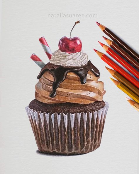 Realistic Dessert Drawing, Detailed Pictures To Draw, Ice Cream Colored Pencil Drawing, Realistic Drawings Pencil Color, Cupcake Pencil Drawing, Realistic Cupcake Drawing, Realistic Sketches Objects, Drawing Ideas Realistic Coloring, Realistic Food Drawings