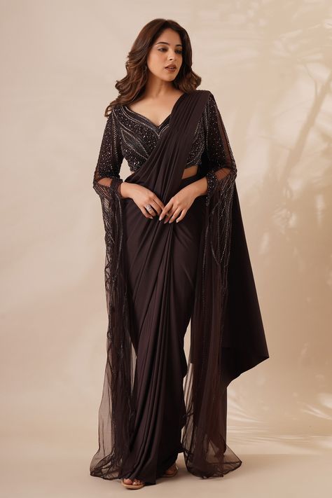 Shop for these amazing collections of Brown Lycra Embellished Sequin Leaf Neck Pre-draped Saree With Work Blouse For Women by Chaashni by Maansi and Ketan online at Aza Fashions. Brown Saree, Farewell Sarees, Draped Saree, Full Sleeve Blouse, Bat Sleeves, Bead Embellishment, Fancy Sarees Party Wear, Lehenga Wedding, Padded Blouse