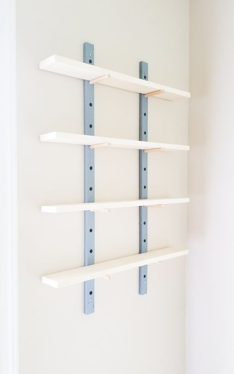 Cheap Shelf Ideas, Peg Board Shelves Diy, Peg Shelf Diy, Dowel Shelving, Diy Peg Wall, Unique Shelf Ideas, Open Wall Shelves, Shelves Design Wall, Floating Shelves Design