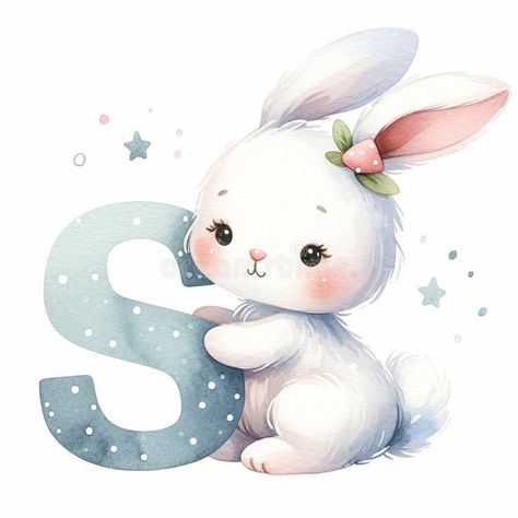 Bunny Holding Letter S vector illustration Bunny Alphabet Letters, Bunny Family Illustration, Bunnies And Butterflies, Spring Cartoon, Bunny Nursery Artwork, Bunny Prints Nursery, Easter Basket Themes, Doodles Ideas, Easter Frame