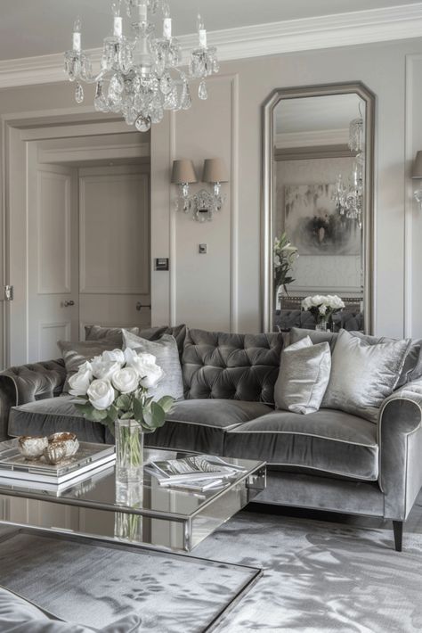 How to Design a Chic Living Room Around a Grey Sofa: 45  Ideas! Grey Tufted Sofa Living Room Ideas, Grey Velvet Sofa Living Room, Silver Room Aesthetic, Mirror Coffee Table Living Room, Grey And Silver Living Room, Transitional Glam Living Room, Sofas Ideas Living Room Luxury, Grey And Beige Living Room, Champagne Living Room