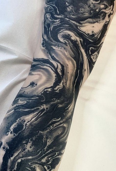 Tattoo Of Water, Marble Texture Tattoo, Male Beach Tattoo, Water Marble Tattoo, Marble Sleeve Tattoo, Marble Tattoo Sleeve, Black Water Tattoo, Water Arm Tattoo, Thunderstorm Tattoo Women