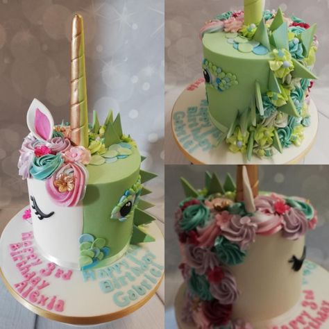 half unicorn half dinosaur cake Dino And Unicorn Party Decorations, Half Unicorn Half Dinosaur Cake, Unicorn Dragon Cake, Dinosaurs And Unicorns Party Decorations, Unicorn And Dragon Cake, Dino Unicorn Cake, Unicorn And Dinosaur Party Decorations, Dinosaur And Unicorn Cake, Unicorn Dinosaur Birthday Party