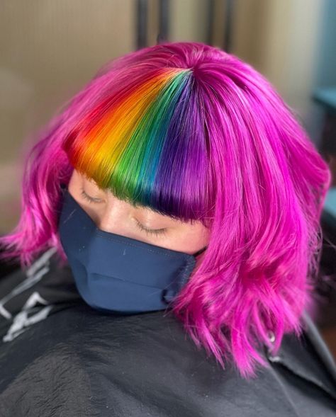 Pink And Rainbow Hair, Pink Rainbow Hair, Black And Rainbow Split Dye, Rainbow Bangs, Black Hair Rainbow Bangs, Pink And Purple Split Dye Short Hair, Rainbow Color Blocking Hair, Rainbow Panel Hair, Long Pink Hair