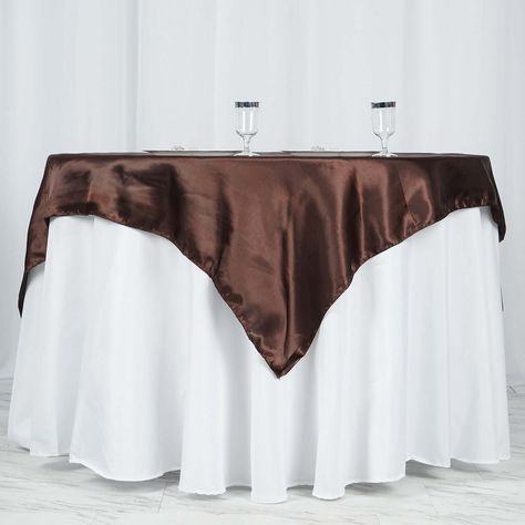 Explore our 60x60 chocolate square smooth satin table overlay. Perfect for enhancing your tablescape with its luxurious material and rich color. ✓ Buy now! Chocolate Squares, Table Overlays, Party Catering, Brown Wedding, Color Chocolate, Square Tablecloth, Party Table Decorations, Satin Color, Wedding Catering