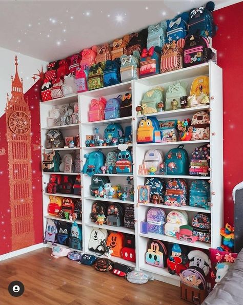 Mini Backpack Display Ideas, Displaying Loungefly Bags, Loungefly Backpack Aesthetic, Loungefly Organization Ideas, Disney Collection Room, Loungefly Bag Storage, Loungefly Mini Backpack Display Ideas, Loungefly Backpack Storage, Display Loungefly Backpacks