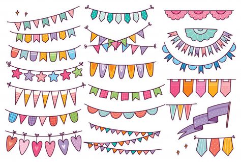 Banner Doodle, Flag Drawing, Birthday Flags, Happy Birthday Bunting, Bunting Flag, Celebration Background, Party Flags, Birthday Bunting, Doodle Style