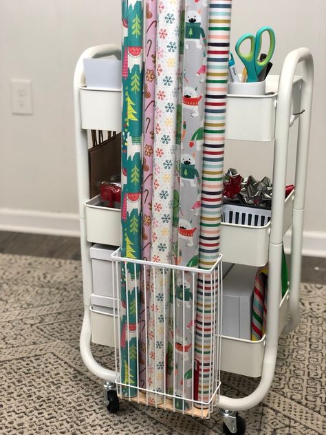 DIY Gift Wrap Storage Cart - Organized-ish Storing Gift Wrap Organizing Ideas, Gift Wrapping Organization Ideas, Wrapping Paper Storage Cart, Gift Wrap Cart Diy, Gift Wrapping Station Diy, Gift Wrapping Station Ideas Spaces, Wrapping Paper Cart, Gift Wrap Station Ideas, Gift Wrap Storage Ideas