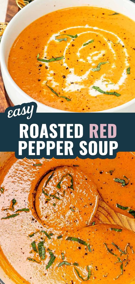 Red Pepper Bisque Soup, Roasted Red Bell Pepper Soup, Roasted Red Pepper Bisque, Red Pepper Soup Recipe, Roasted Red Peppers Recipes, Roasted Pepper Soup, Red Soup, Pepper Soup Recipe, Bell Pepper Soup