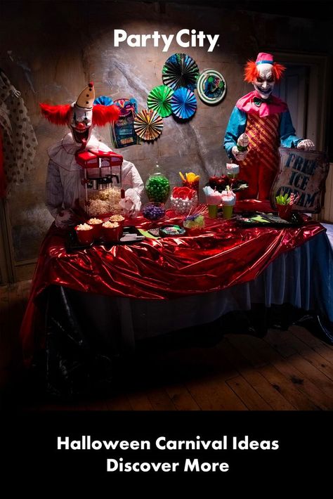 Halloween Carnival Ideas, Carnival Halloween Decorations, Creepy Carnival Halloween, Scary Halloween Party Ideas, Halloween Decorations Table, Clown Decorations, Clowns Halloween Decorations, Scary Carnival, Carnival Ideas