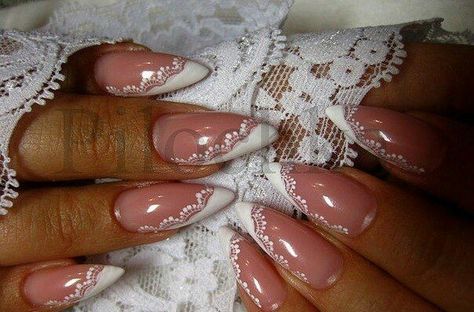 Wedding Nails With Lace, French Nails Almond With Diamonds, White Tip Wedding Nails, Wedding Nails For Bride Almond Shape White, White Lace Nails Wedding, Lace French Nails, Lace Almond Nails, Lace Bridal Nails, Bridal Nails Unique