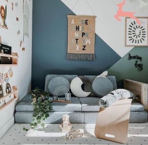 Interior Design For Kids on Instagram: "GNI Inspo: Playroom Vibes ✨ Some playroom inspo sent by our client for their playroom designs that Elysia has been working on over the last few days. Keeping it simple but really fun with geometric wall decor in soft colours making a huge impact in a really tasteful way! Can’t wait to see what Elysia creates 👩🏽‍💻" Playroom Statement Wall, Garden Playroom Ideas, Blue Wall Playroom, Paint Playroom Wall, Playroom Ideas Colors, Dark Grey Playroom, Gender Neutral Playroom Colors, Diy Playroom Paint Ideas, Toy Room Color Scheme