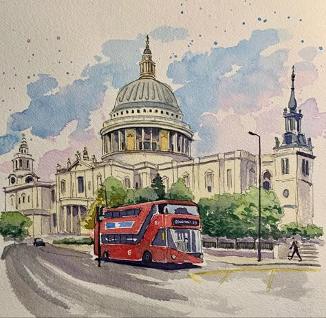 Drawings Of Cities, Watercolor And Pen Art Landscape, Urban Sketchers Beginner, City Drawing Watercolor, Ideas For What To Draw, Sketchbook Drawing Ideas, Watercolor London, Building Watercolor, Watercolor Buildings